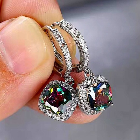 Mystic Topaz White Gold Plated Square Cut Zircon Dangle Earrings - Picture 3 of 7